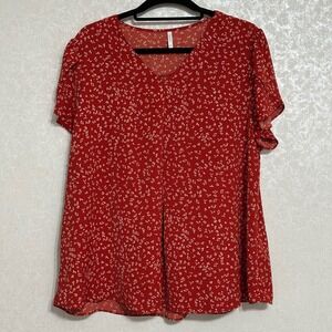 Anyally Ditsy Floral V-Neck Blouse Petal Sleeve Red 2XL